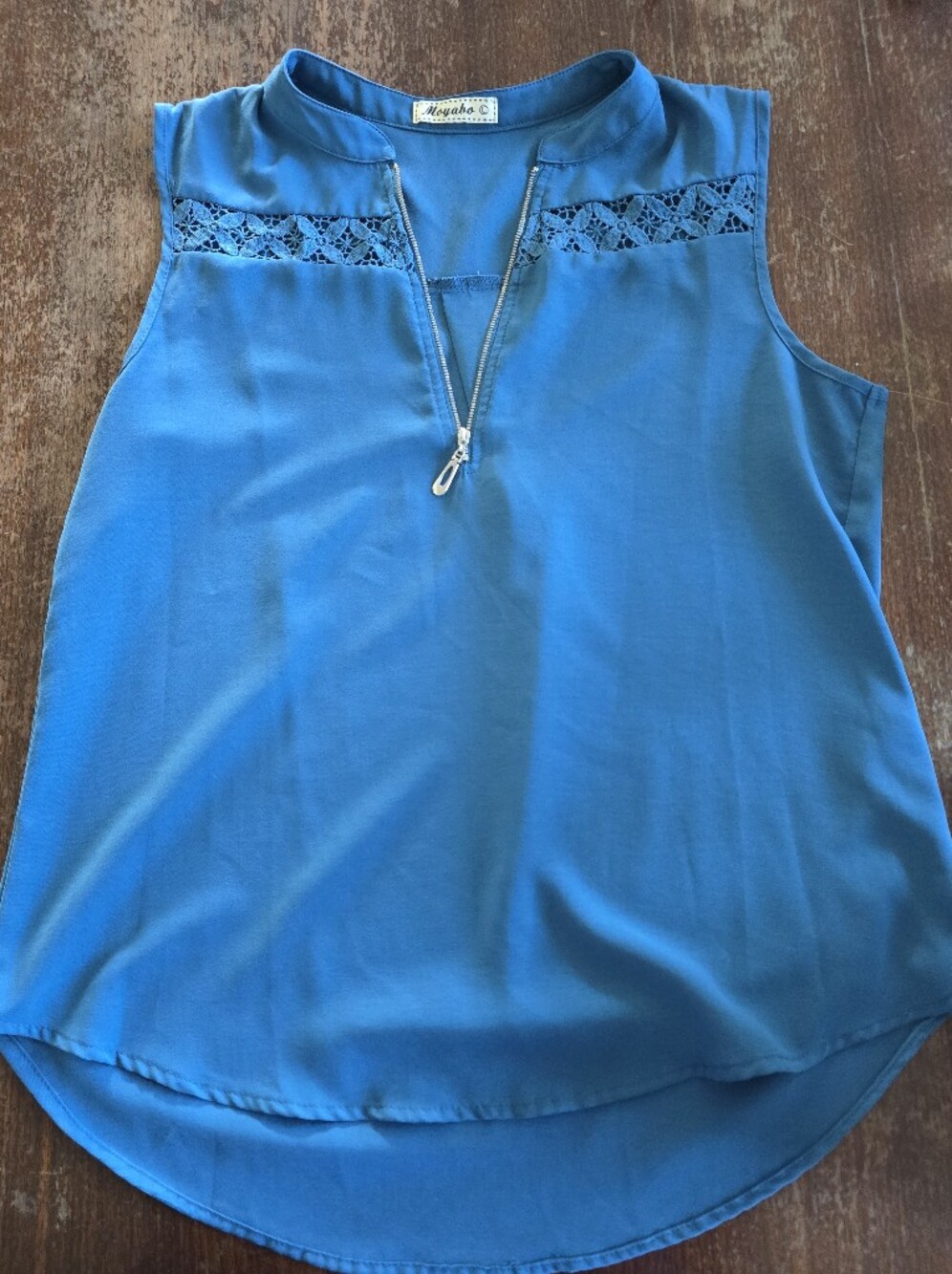 Blue Sleeveless Zip-Front Lace Yoke Camisole